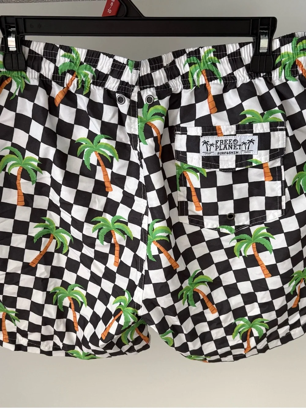 Free Planet Black & White Check Swim Shorts with Green Palm Print